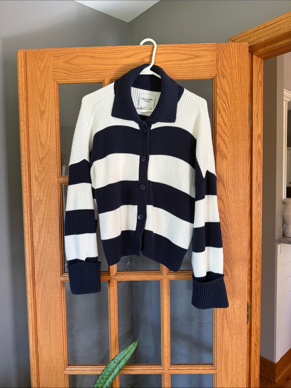 Abercrombie & Fitch Navy and White Striped Collared Knit Top